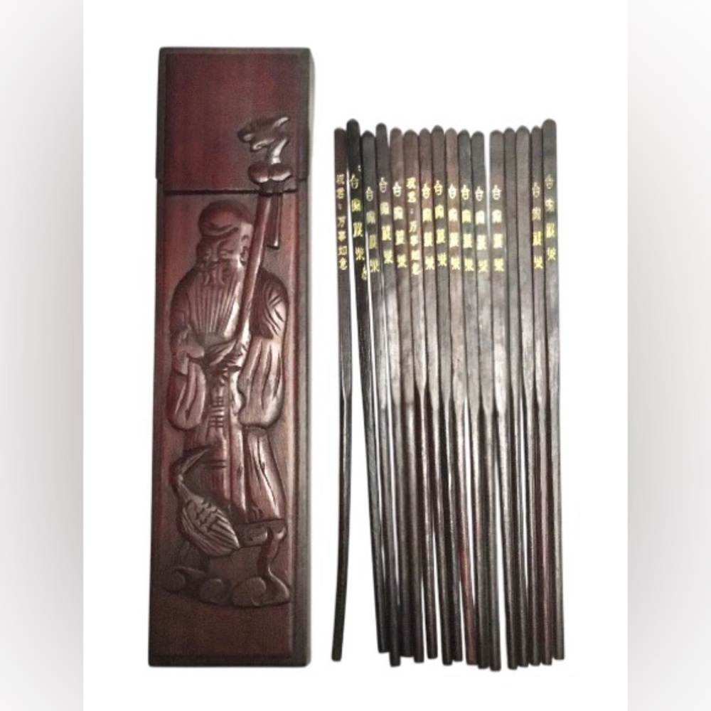 Vintage Carved Rosewood Chopstick Box Set